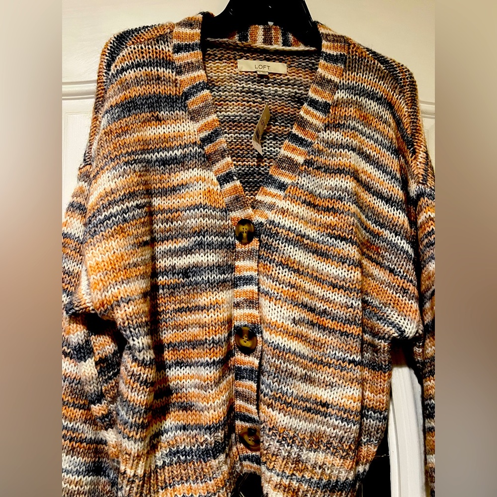 Gray, white and peach striped cardigan